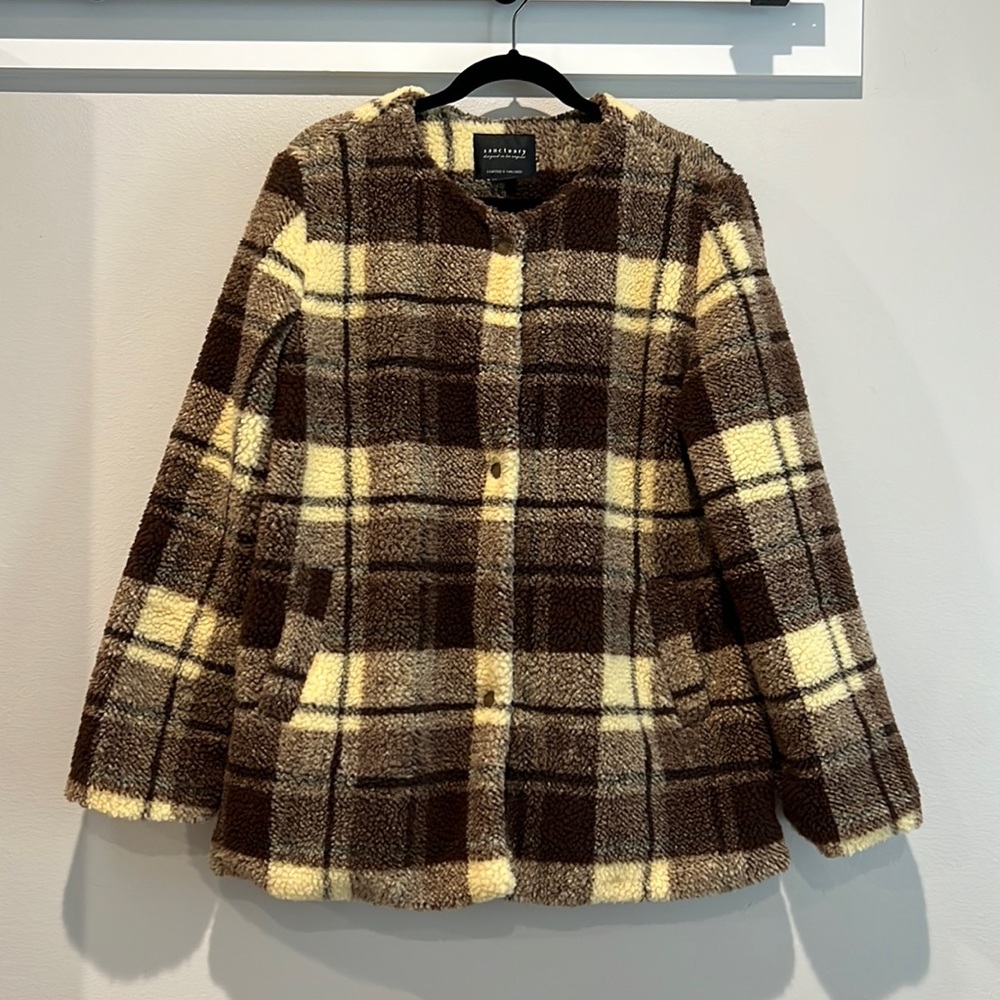 Sanctuary brown & cream plaid snap teddy coat